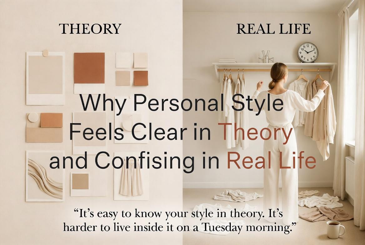 Editorial collage contrasting personal style in theory with personal style in real life.
